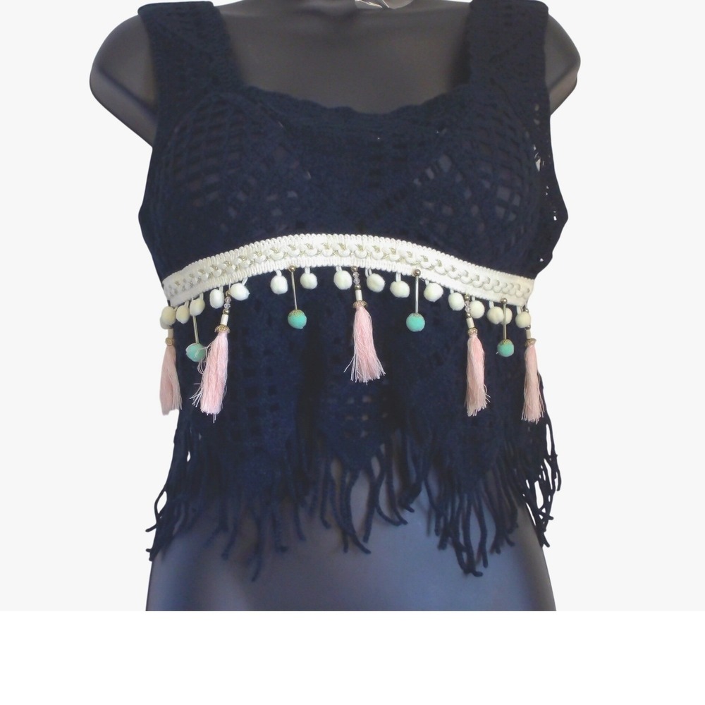 India Boutique Boho Crochet Knit‎ Fringe Crop Top   Tassel Pom Pom Festival Tank
